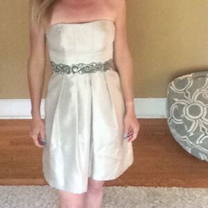Jenny Yoo Cream Strapless Dress with Gray Accents